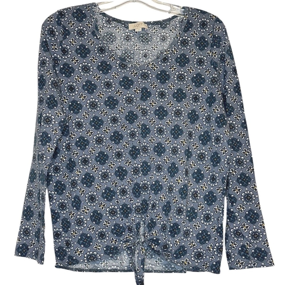 LOFT Outlet Top Women Blue Floral Medallion V-Neck Long Sleeve Cottagecore M